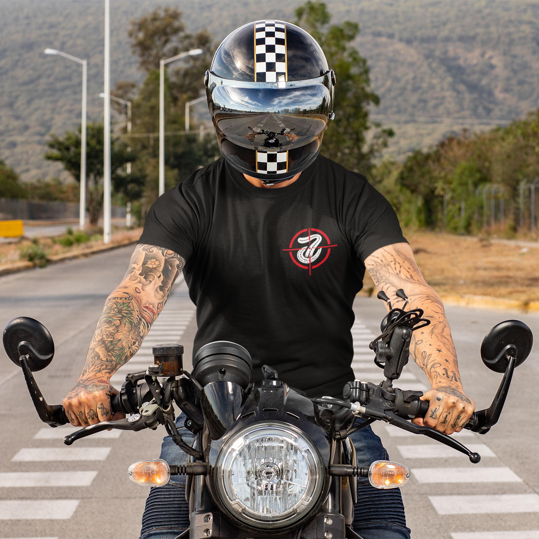 20260617 t shirt mockup of a tattooed man riding his motorcycle 31788